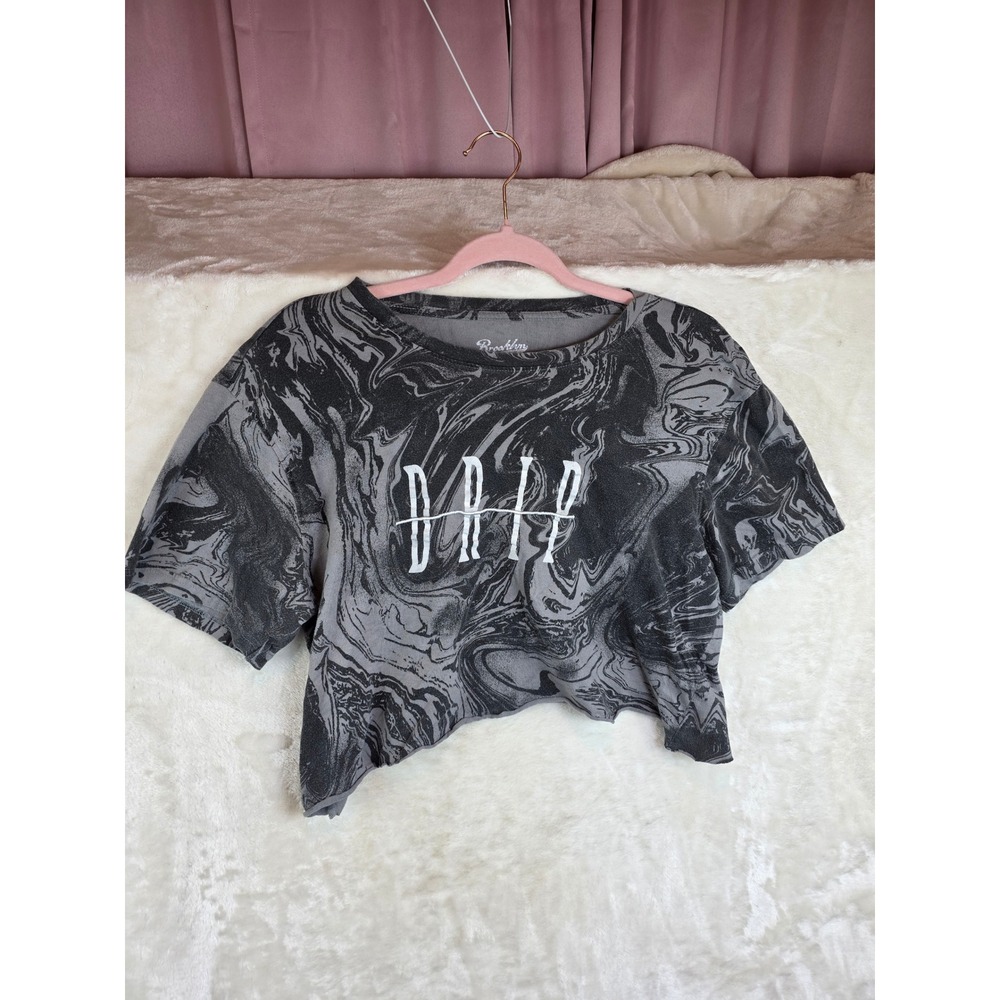 Brooklyn Cloth Womens Grey Marble Swirl Drip Graphic Crop Top Raw Hem Medium